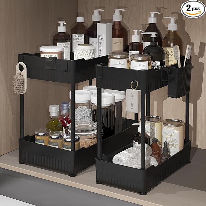 2 Pack Under Sink Organizer, Under Bathroom Cabinet Organizer with Hooks Hanging Cup, Multi-Purpose Storage Shelf for Kitchen Bathroom (Black, 14.8 Inch)