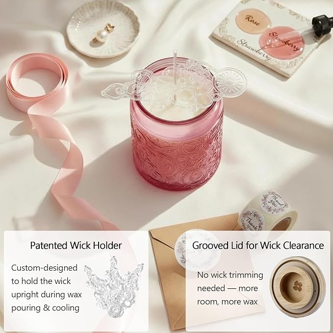 9-Pack 8oz Embossed Glass Candle Container with Bamboo Lids and Labels, Pink Candle Jars for Making Candles, Sun Moon Star Design
