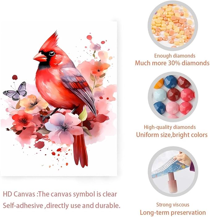 GUAIEUW Red Bird Tie-Dye Flower Diamond Painting Kit for Adults, Full Round Diamond Cardinal Bird 5D Diamond Painting DIY Art Crafts for Winter Home Wall Decor Holiday Gift 8x12 Inch