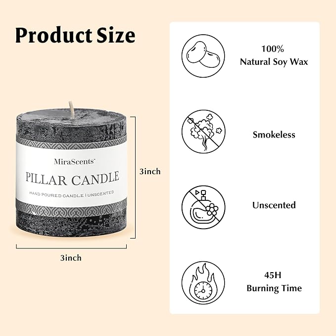 3x3 Inch Black Pillar Candles Set of 3 - Hand-Poured Unscented Candles, Long Clean Burning, Large Big Candle, Smokeless Dripless Candle for Dinner Table, Party, Home, Bathroom, Gothic Decor