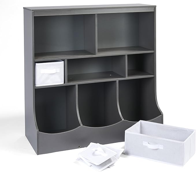Badger Basket Combo Toy Storage Organizer and Bookshelf - Kids Storage Unit with 3 Removable Baskets, Open Shelves, Top Display Surface - Charcoal