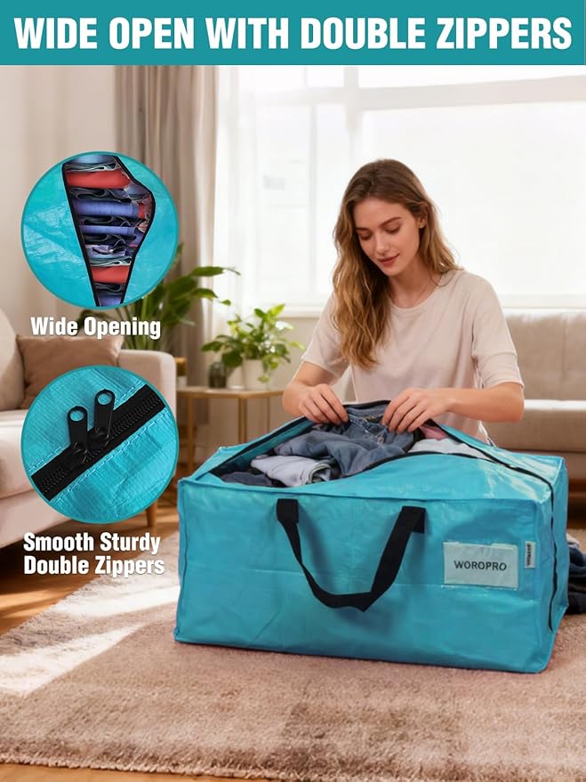 WORKPRO 10 Pack Extra Large Moving Bags with Zippers & Carrying Handles Backpack Straps, Heavy-Duty Storage Tote for Space Saving Moving Storage (Blue)