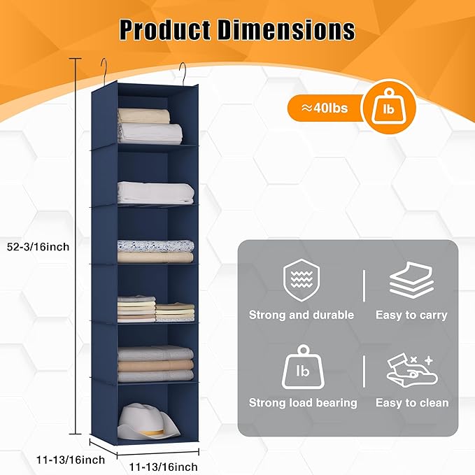 Hanging Closet Organizer and Storage 6-Shelf, Easy Mount Foldable Hanging Closet Wardrobe Shelves, Clothes Handbag Shoes Accessories Storage, Washable Oxford Cloth Fabric, Navy Blue