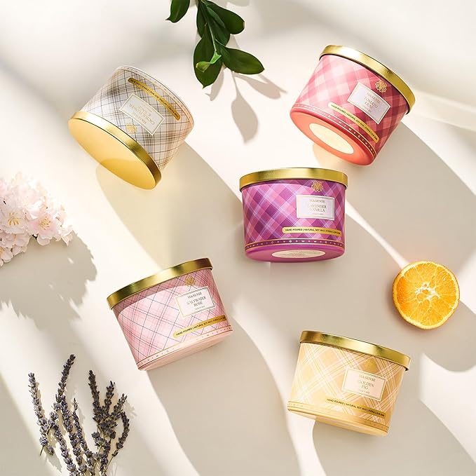 M&SENSE Plaid Pattern 3 Wick Soy Candles,11.64 oz Large Saltwater Rose Scent Candle for Relaxation, Gifting, Home Décor | for Bedroom, Office, Party