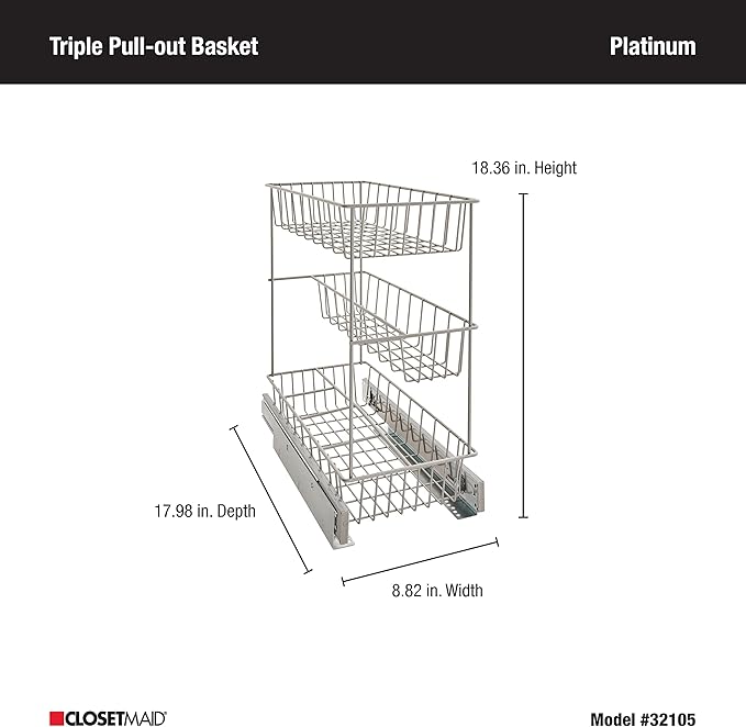 ClosetMaid 32105 Premium Wide 3-Tier Compact Kitchen Cabinet Pull-Out Basket, 8.75-Inch