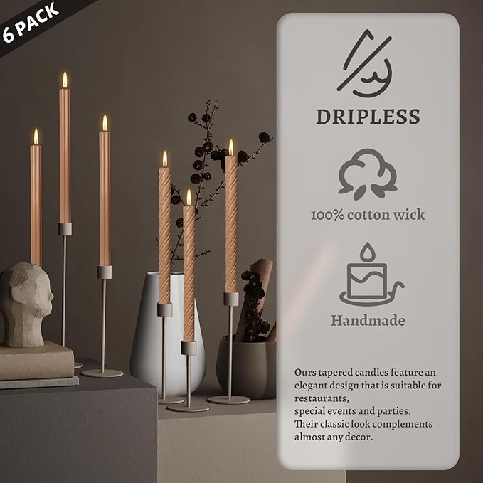 Dripless Unscented Brown Spiral Taper Candles Smokeless Long Lasting Burn 10 Inch Elegant Roman Column Candlesticks for Home Décor Holiday Gift,Set of 6