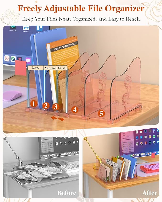 Adjustable Rose File Organizer for Desk, Vertical File Folder Holders for Magazines, Upright Desktop Binder Organizer, Clear Paper Bookshelf Divider File Sorter for School Office Supplies