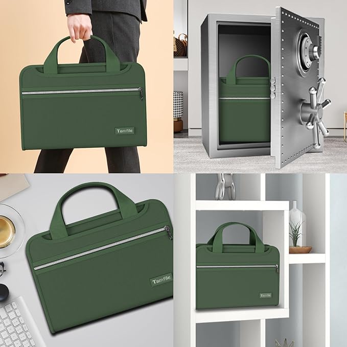 Fireproof Accordion File Organizer with Handle, 13 Pocket Expanding File Folder with Zipper & Labels, File Folder with 3 Ring Binder, Multi Pockets Paper Organizer Folder for Letter A4 Files (Green)