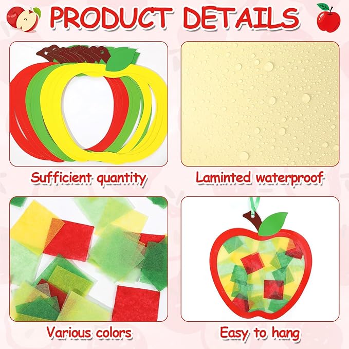 Qyeahkj 36 Set Thanksgiving Apple Suncatchers Crafts for DIY Autumn Window Tissue Paper Craft Kit Hanging Decor for Home Activity Art Project Birthday Party Favor Gift