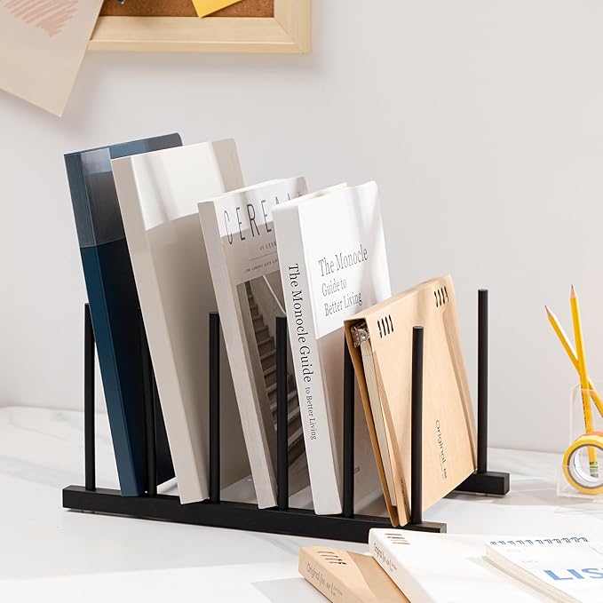 HBlife Black Desk File Organizer 5 Section Vertical File Sorter, 1 Pack Bamboo Binder & Folder Holder for Home, Office & School