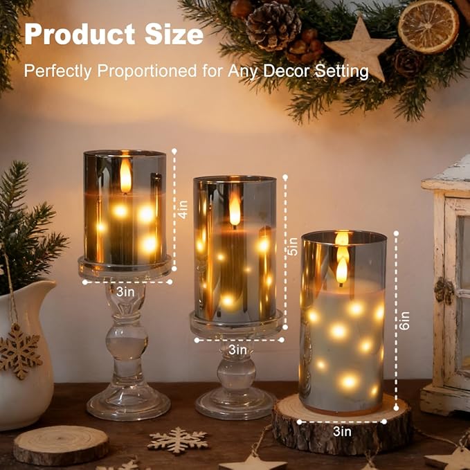 Rechargeable Glass LED Flameless Candles, Embedded Star String Flickering Flameless Candles for Romantic Ambiance and Home Decoration with Remote & Timer(Gray)