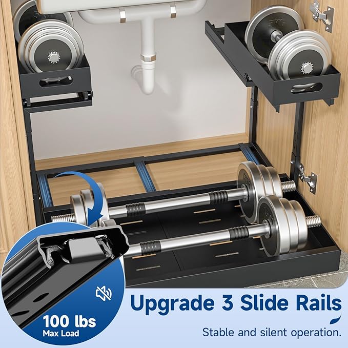 Upgrade Expandable Under Sink Organizer, Insputer 2 Tier Metal Under Cabinet Storage with 3 Slide Rails, Height Adjustable, Thickened Pull Out Drawer Shelf for Bathroom, Kitchen, Laundry, Pantry