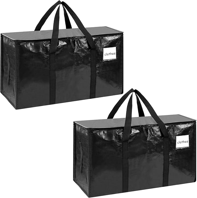 2-Pack Extra-Large Heavy-Duty Storage Totes with Reinforced Handles, Durable Zippers & Waterproof Material — Perfect for Space-Saving, Moving, Shipping and Travel (Black)