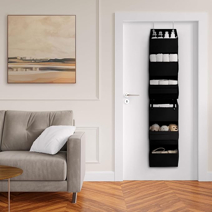 GRANNY SAYS Back of Door Organizer, 6-Shelf Detachable Over the Door Baby Organizer with 8 Pockets, Anti Tilt 40lb Large Capacity Hanging Diaper Storage for Nursery, Bedroom, Kids Room, Black