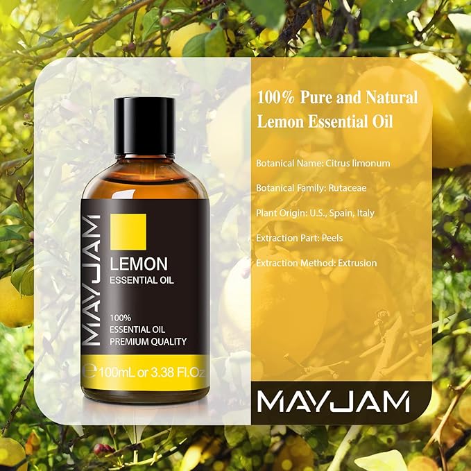 Lemon Essential Oil, MAYJAM Large Volume Pure Essential Oils with Glass Dropper, Lemon Oil Essential Oils for Aromatherapy Diffusers DIY, 100ml