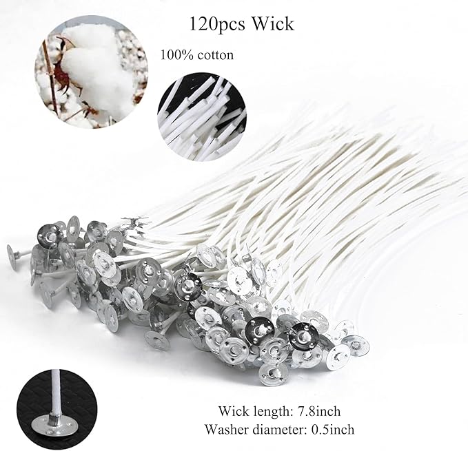 Candle Wicks Kit - 120PCS 8 Inch Cotton Wicks with Holders & Strings for DIY Candle Making