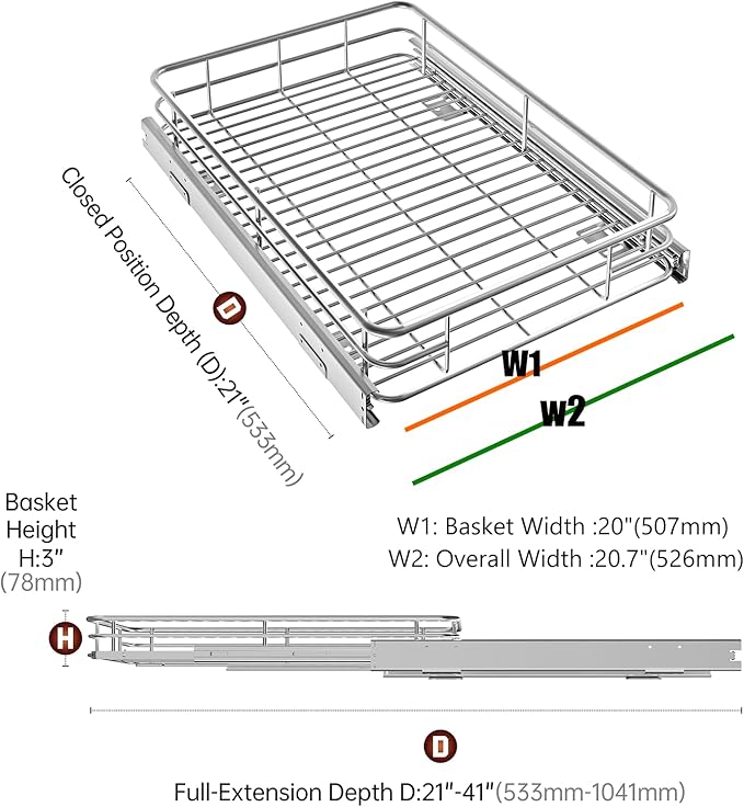 JOWBOOW Pull Out Cabinet Organizer (20.7" W x 21" D), Put Out Shelves for Kitchen Cabinets, Roll Out Drawers Heavy-Duty Metal Sliding Shelf, Bottom Mount