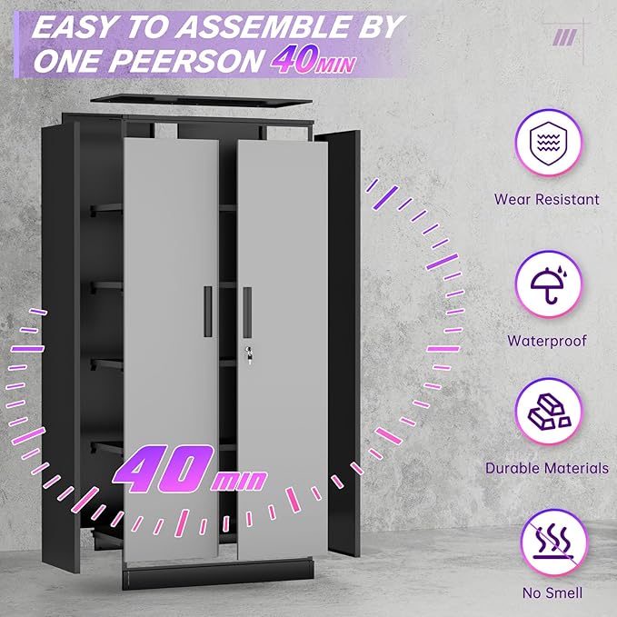 Superday Metal Storage Cabinets, 71" Storage Cabinet with Locking Door, Tall Garage Cabinet with 2 Doors and 4 Adjustable Shelves for Home Office, Classroom, Easy Assemble(Black Grey)