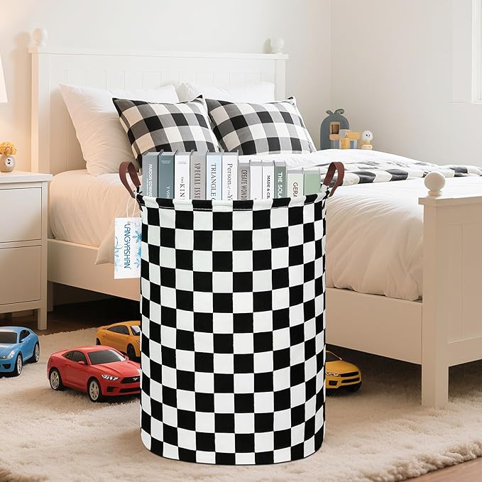 LANGYASHAN Laundry Basket Canvas Fabric Collapsible Organizer Basket for Storage Bin Toy Bins Gift Baskets Bedroom Clothes Children Nursery Hamper (Racing flag)