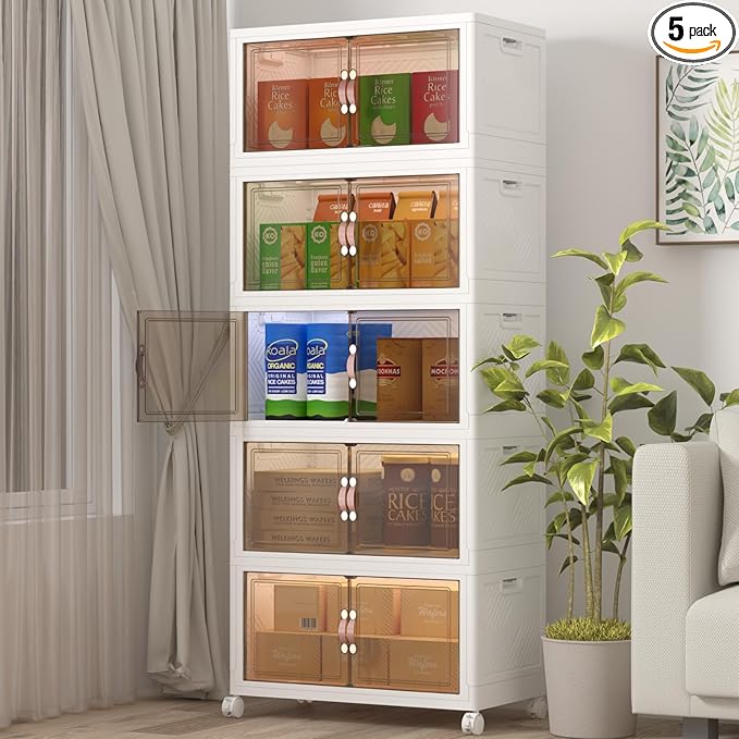 UAMFURI Stackable Storage Bins with Lids, 600QT Closet Organizers, Lockable Storage Cabinet，Foldable Storage Box with Doors and Wheels, Plastic Drawers for Home, Garage, Office (5, White, Large)