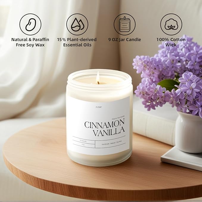 Cinnamon Vanilla Candles for Home Scented, Natural Soy Wax Aromatherapy Non Toxic Heavy Scented Candle with Essential Oil, Home Fragrance Stress Relief Jar Candles Gifts for Women & Men 9oz