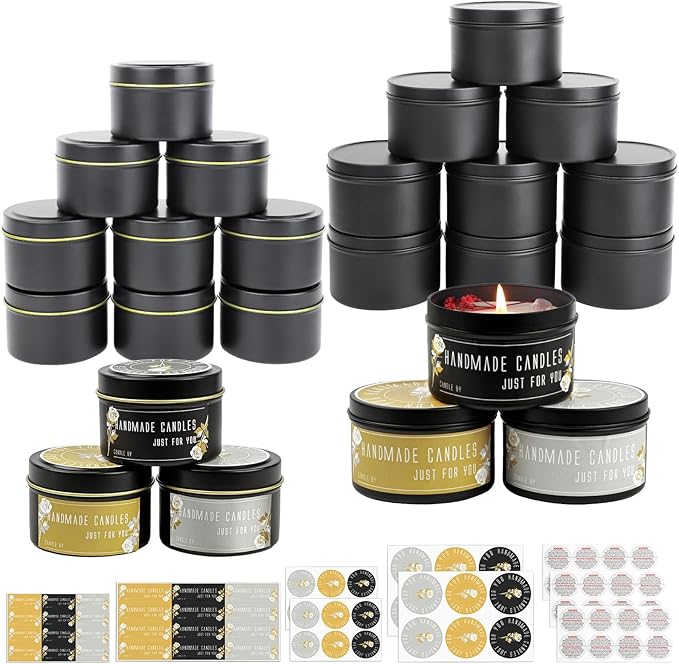 CONNOO 24 Pack Candle Tins - 12pcs 8oz + 12pcs 4oz Matte Black Candle Jars with Lids for Making Candles, Bulk Empty Candle Containers with Sticky Warning Labels for Candle Making, Storage, and Gift