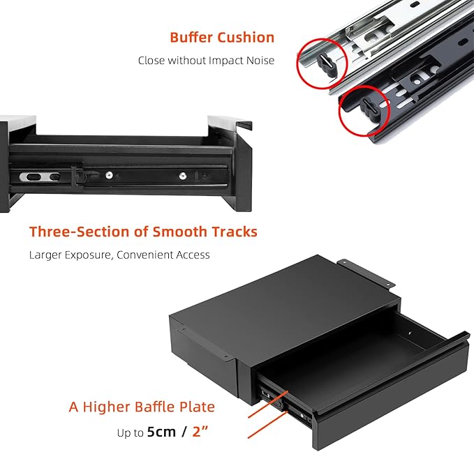 1 Pack Under Desk Drawer 18", Pull-out Storage Organizer with Large Slide Extension Mounted Under Flat Wooden Table or Workbench, Black_Normal Version
