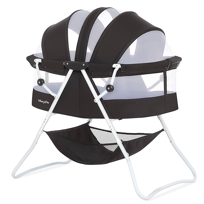 Dream On Me Karley Bassinet, Award Winner Lightweight Travel Baby Bassinet, Foldable Bedside Sleeper, Adjustable Double Canopy, Spacious Design, Soft Fabric, Storage Basket – Black