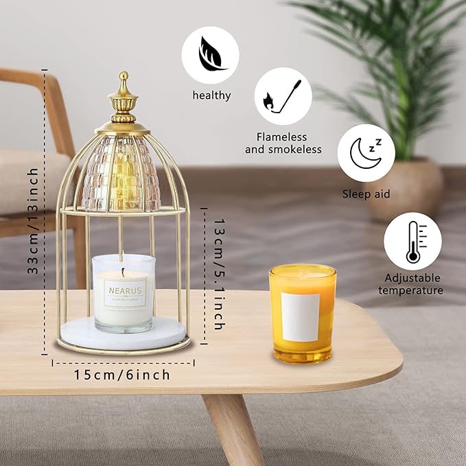 Candle Warmer Lamp, Auto Shut Off and Brightness Heat Level Control with Timer and Dimmable Switch, Top-Down Candle Melting with Marble Base and 2 Bulbs(Black)