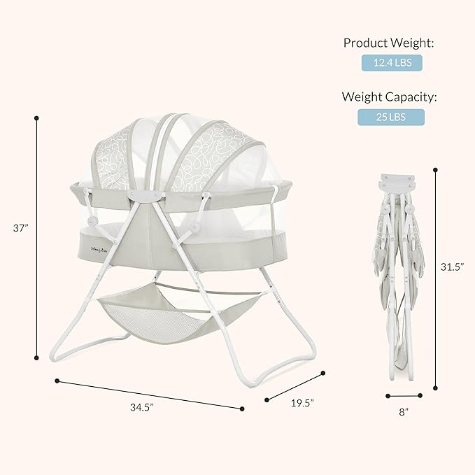 Dream On Me Karley Bassinet, Award Winner Lightweight Travel Baby Bassinet, Foldable Bedside Sleeper, Adjustable Double Canopy, Spacious Design, Soft Fabric, Storage Basket – Cool Gray