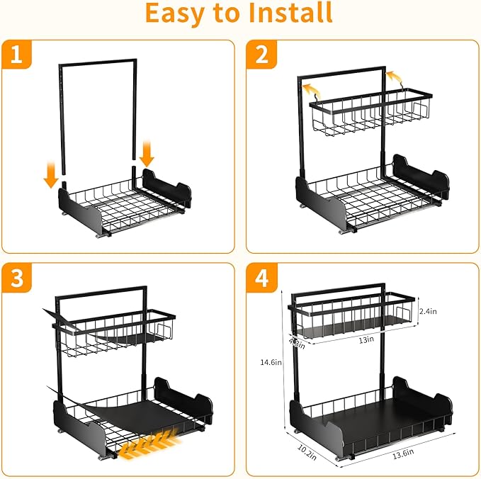 PureBox Under Sink Organizer, 2-Tier L-Shaped Pull Out Cabinet Shelf with 2 Installation Methods, Adjustable Sliding Storage Drawer for Kitchen, Bathroom, Laundry, Metal, Black, 2-Pack