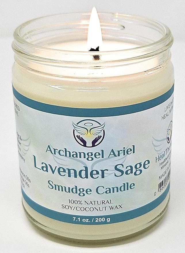 Lavender Sage Candle - Archangel Ariel Candle for Chakra Healing & Energy Cleansing - Reiki Charged White Sage Candle for Home (7 oz)