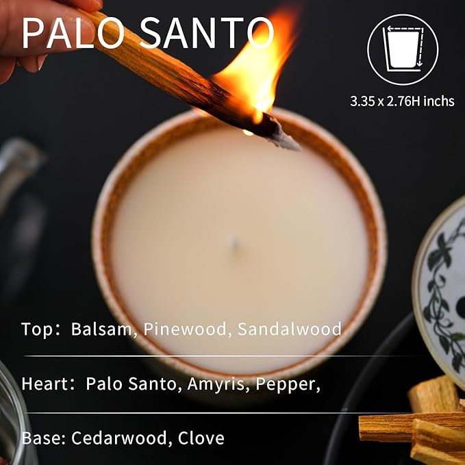 Luxury Textured Ceramic Jar Scented Candle | Non Toxic 100% Natural Coconut & Soy Wax Blend Cotton Wick | 5.2oz | Hand Poured Highly Scented Long - Lasting | Women & Men | (Palo Santo)