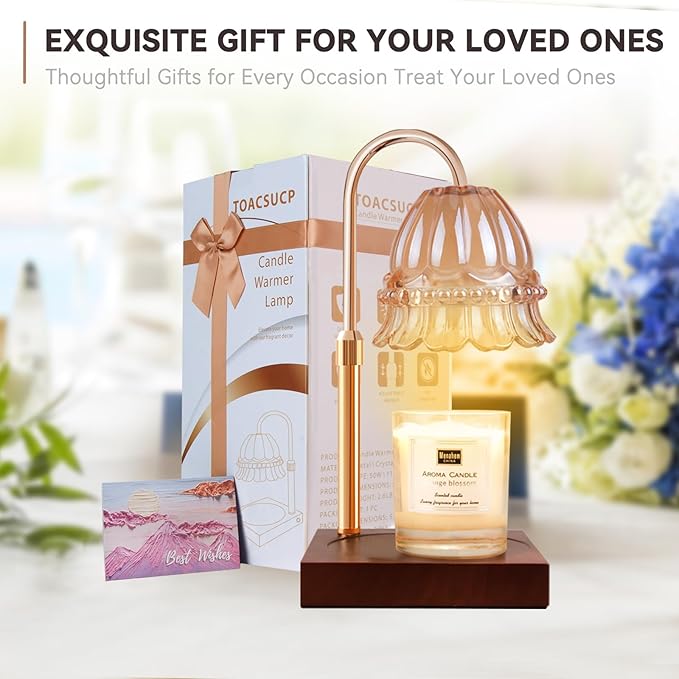 TOACSUCP Candle Warmer Lamp with 3 Bulbs, Adjustable Height Dimmable Candle Warmer with Timer, Compatible with Large Jar Candles, Flower Candle Warmer with Charming Gift Box Ribbon(Light Brown)