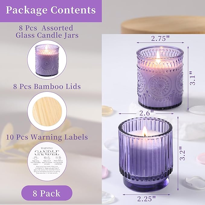 8 Pack Purple Glass Candle Jars for Making Candles-7 Oz, Empty Candle Containers, Candle Making Supplies, Candle Vessels with Bamboo Lids & Warning Labels for Home, Centerpiece Table Decor