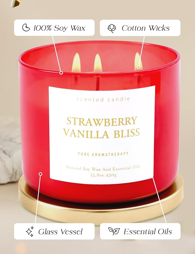 Strawberry Vanilla Bliss 3-Wick Soy Scented Candle 15.8 oz | Large Berry Vanilla Candle for Home | Relaxing Aromatherapy Stress Relief Candle | Long-Lasting, Clean Burning Candles Gift for Women & Men
