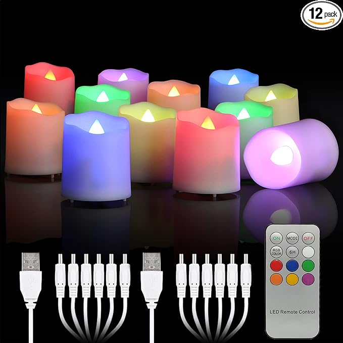 Daord Rechargeable LED Color Changing Tea Lights USB Flameless Warm White Flickering Votive Candles with Remote for Halloween Christmas Romantic Home Decor