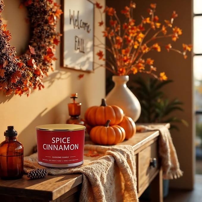 Spiced Cinnamon Scented Candle, Luxury Large 3 Wick Soy Candle 12 Oz, 60+ Hour Long Lasting Clean Burn, Elegant Aromatherapy Home Decor, Housewarming & Birthday Gift for Men & Women