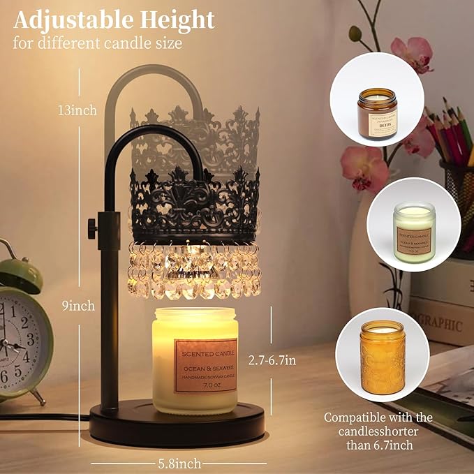 Candle Warmer Lamp with Timer Dimmer Adjustable Height with 2 Bulbs Crystal Candle Lamp Elegant Home Decor for Valentine's Day Gift Wax Melt Warmers for Women Birthday Gift (Black)