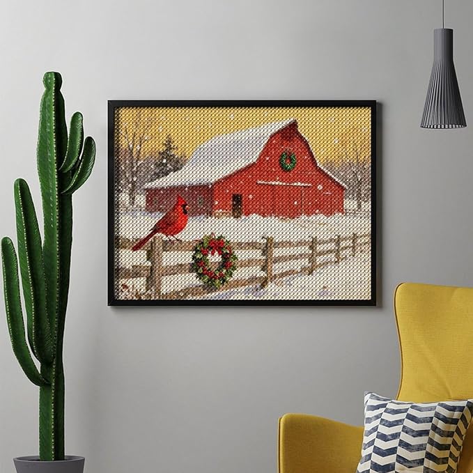 AIVKIEJK Diamond Painting Kits for Adults - Christmas Winter Cardinal, Red Barn Scene Painting DIY 5D Full Drill Diamond Dots Paintings with Diamonds Gem Art and Crafts Home Decor 12"x16"
