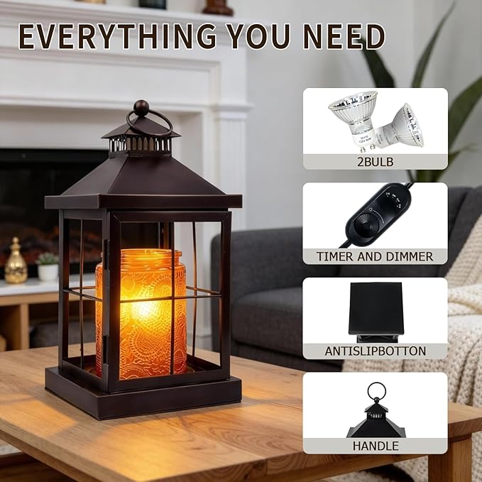 Candle Warmer Lamp with Timer,Compatible with 3 Wick Candles Jars,Vintage Candle Warmer Lantern Lamp,Dimmable Farmhouse Candle Lamp Warmer,Fully Enclosed and Hanging Up Designed-Coffee