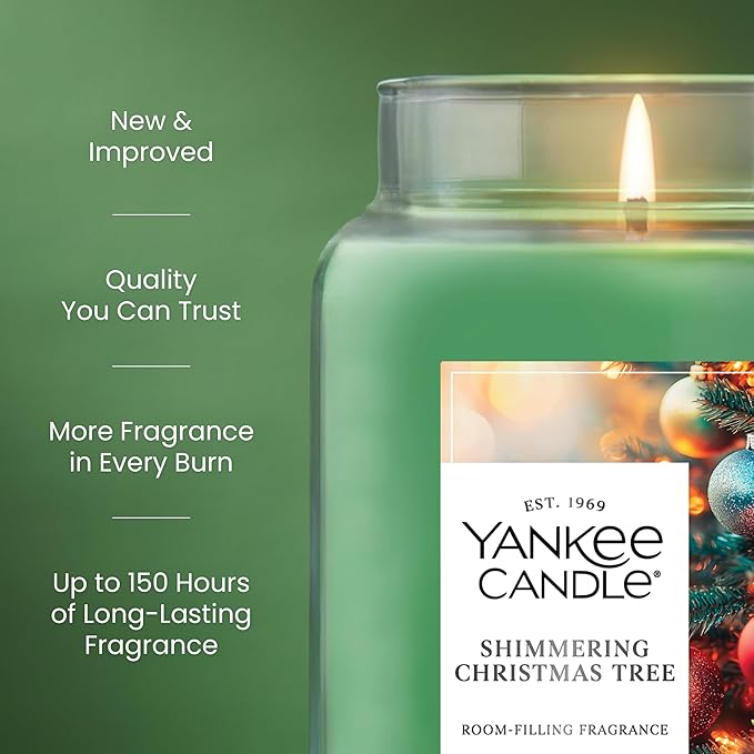 Yankee Candle Shimmering Christmas Tree, Christmas Scented Candle, 22oz Large Jar with up to 150 Hour Burn Time, Giftable