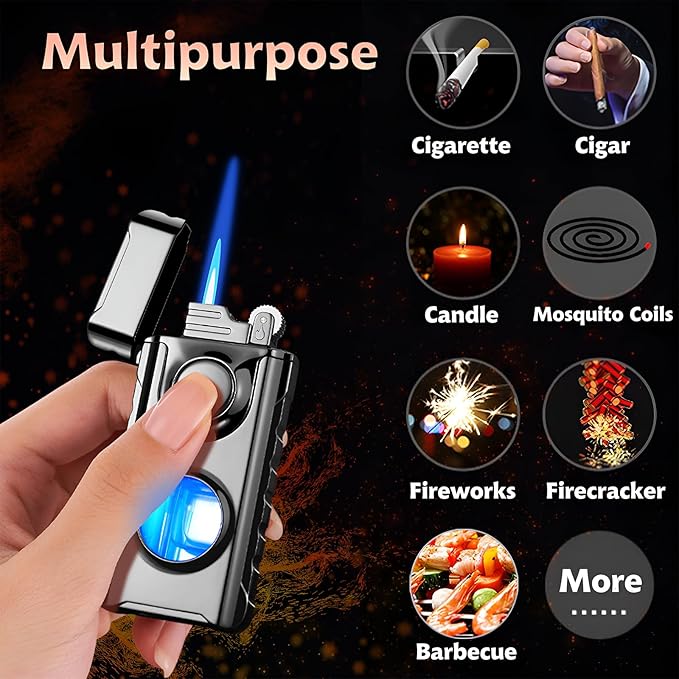 Torch Lighter, Creative Dual Flame Lighter with 6pcs Flint Stone, Windproof Lighter with Visible Fuel Tank, Adjustable Soft Flame and Jet Flame 2 in1,Refillable Butane Lighter for Gifts Men-Ice Black