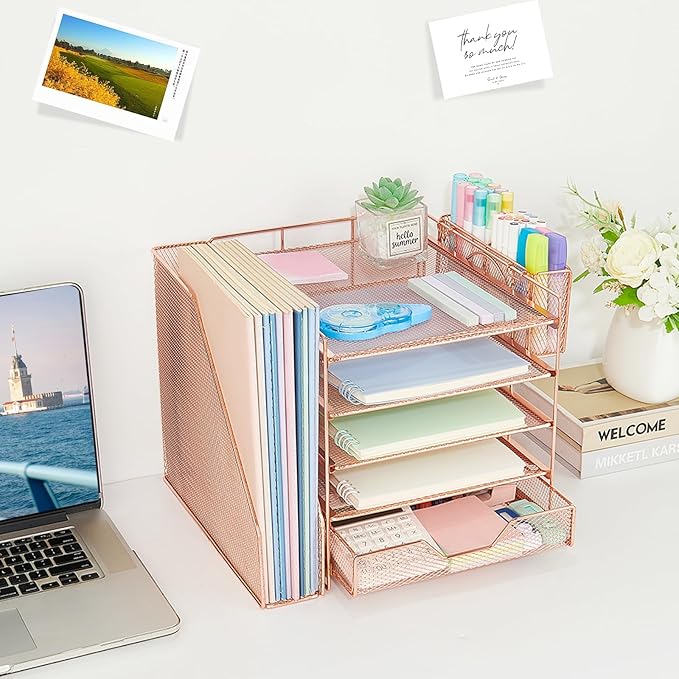 Desk Organizer, 5-Tier Paper Letter Tray Organizer with File Holder, Drawer and Pen Holder, Desktop Organizer for Office Supplies, Rose Gold