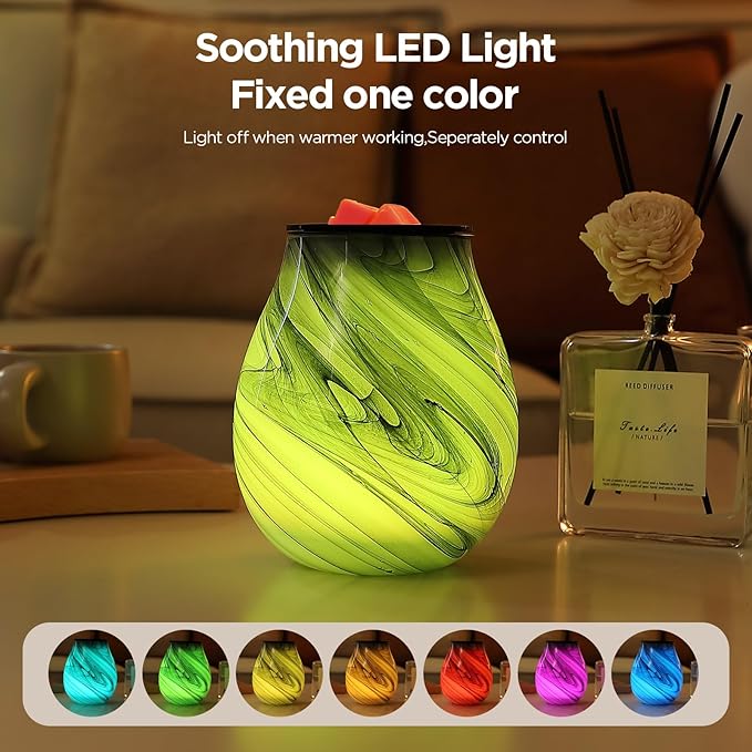 Inrorans Glass Electric Wax Melt Warmer Oil Burner with Stable Heating PTC Reusable Silicone Tray 7 Colorful Changing Led Light Night Light Scent Warmer for Home Fragrance Warmers-Ink Painting Timer