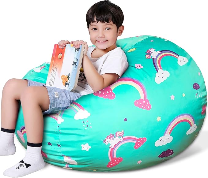 Lukeight Unicorns Stuffed Animals Storage Bean Bag Chair Cover Only (Ships Empty, No Filling) - Velvet YKK Zipper Beanbag Cover for Kids Big kids, Washable Plush Toy Organizer, X-Large 30" D x 18" H