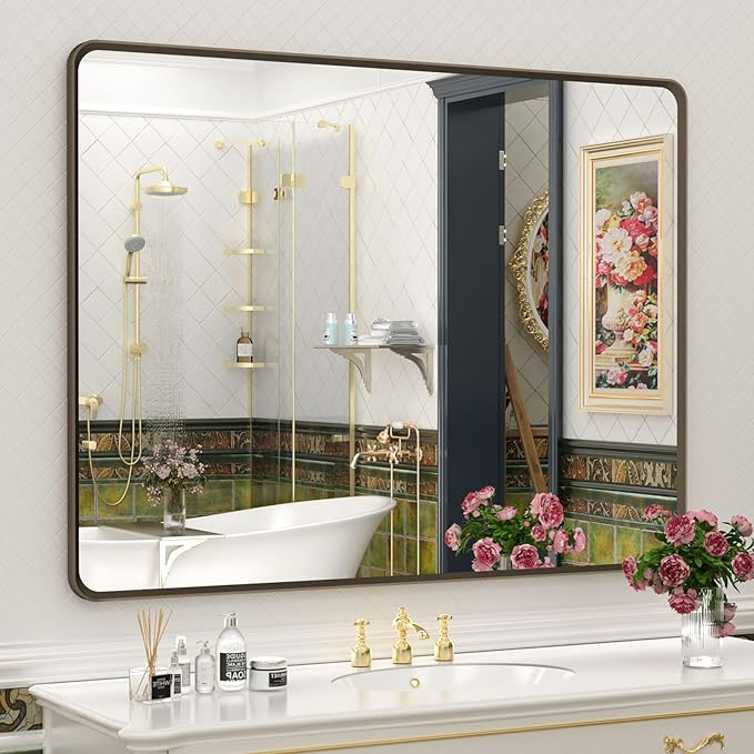 OKPAL 40x36 Bronze Bathroom Mirror, Brushed Metal Bathroom Vanity Mirrors for Wall, Rounded Bronze Rectangle Mirror for Farmhouse, Shatterproof, Anti-Rust (Horizontal/Vertical)