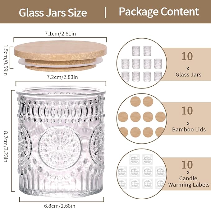 DARJEN 10 Pack Clear Candle Jars for Making Candles- 7.5 OZ Empty Glass Candle Making Jars with Bamboo Lids and Labels, Candle Making Supplies Candle Containers for Home DIY