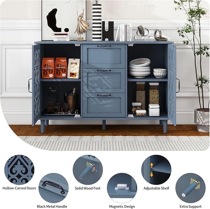Blue 2 Doors 3 Drawers Buffet Sideboard Cabinet - Accent Cabinet with Adjustable Shelves，47 Inch Wide Wood Storage Cabinets for Dining Room,Living Room and Kitchen