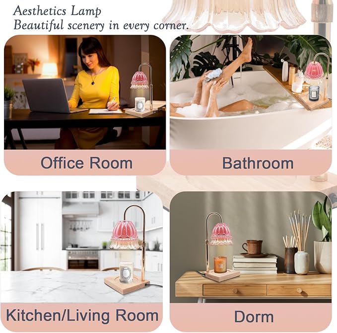 Glass Flower Lampshape Candle Warmer Lamp with Adjustable Height, Wax Burner Lamp with Timer and Dimmer, Wooden Base Candle Warmer, Women's Gifts (Pink)